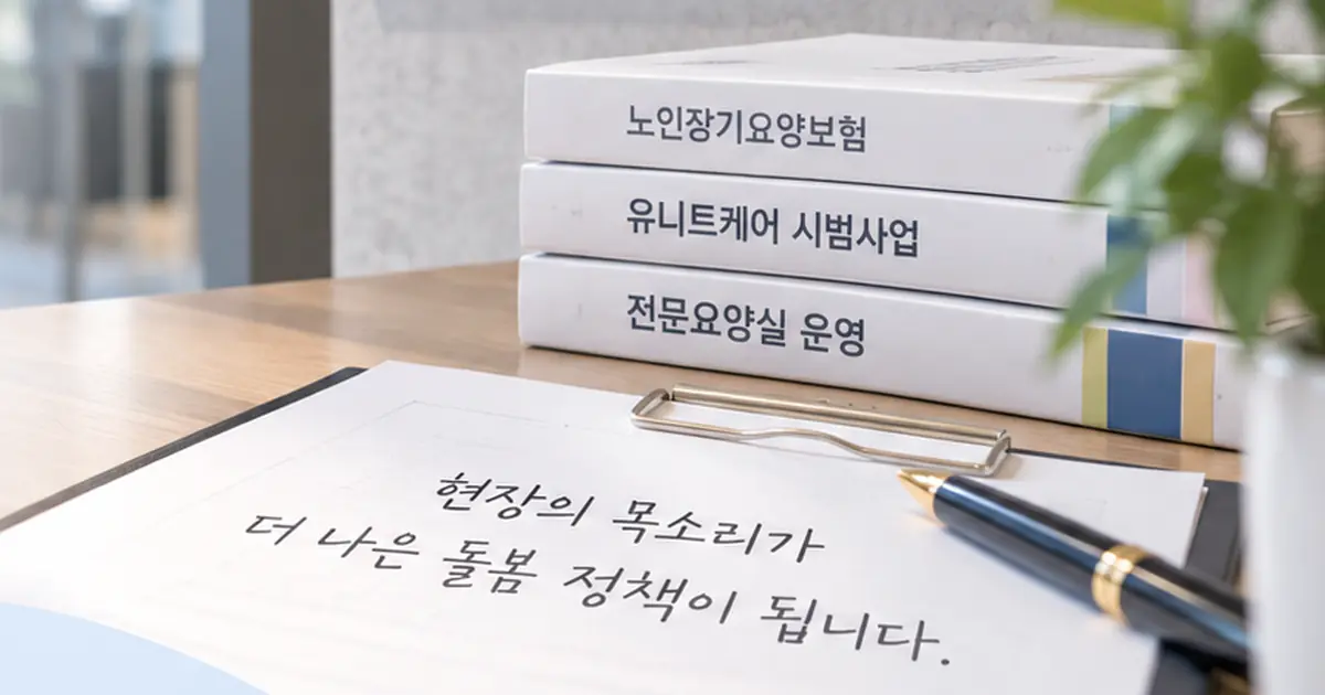 유니트케어와 전문요양실 관련 장기요양 정책자료가 놓인 업무 공간