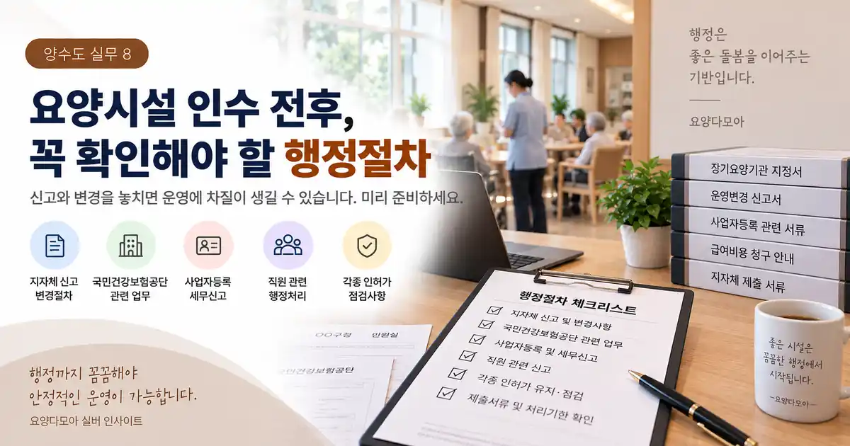 요양시설 인수 전후 필요한 지자체 신고와 장기요양기관 지정·변경, 공단 관련 행정절차를 확인하는 모습